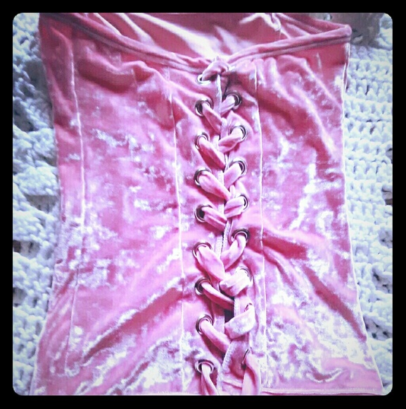 Panne CRUSHED VELVET baby pink corset lace top - Picture 1 of 6